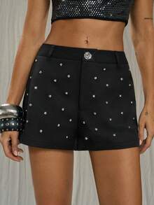 TRNVIE Women's Retro Sweet & Spicy Goth Style Metal Rhinestone Decor Polka Dot Mini Shorts - Black - View 4