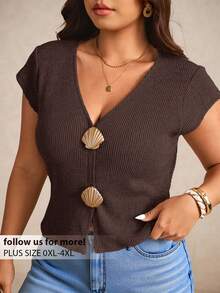 Elaquor T-shirt casual à col V, manches courtes, motif festonné, grande taille - Tabac - Voir 1