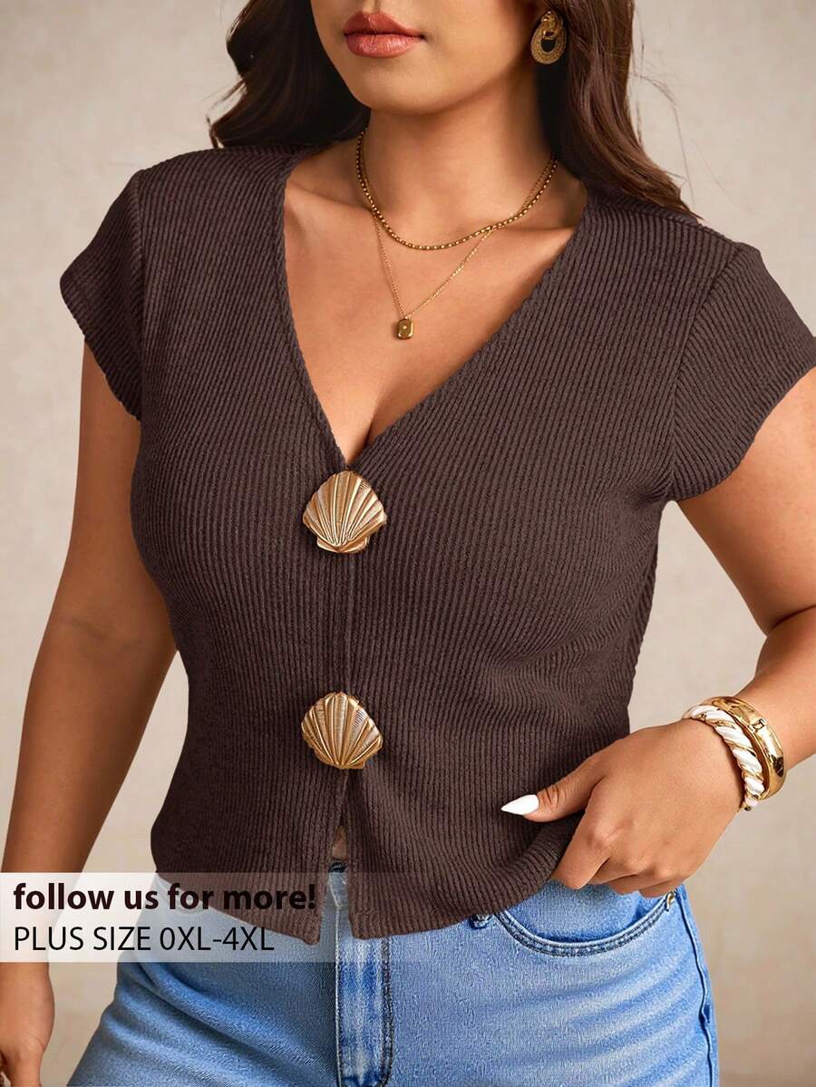 Elaquor T-shirt casual à col V, manches courtes, motif festonné, grande taille - Tabac - Voir 1