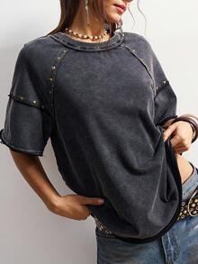 Bohemela Casual Solid Color Knit Round Neck Short Sleeve Loose Washed Women T-Shirt, Studded Punk Casual Top, Summer For Women, Carnival - Black - View 2