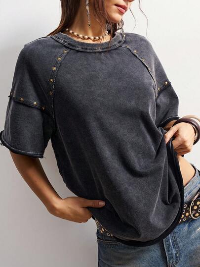 Bohemela Damtröja med rund hals och lös tvätt, enfärgad stickad