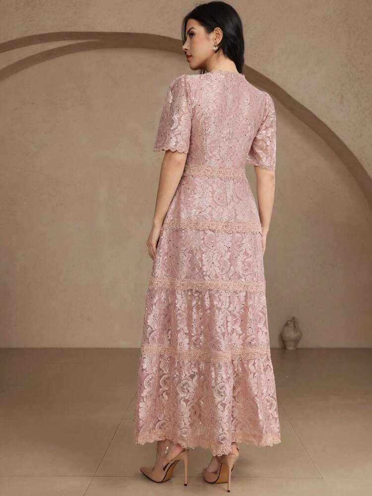 Women's Elegant Lace V-Neck Puff Sleeve Long Dress, Summer Wedding Guest Dress Sundress