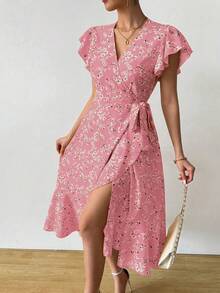 Breezaya 花卉印花蝴蝶袖侧边打结连衣裙酒红色长款女装 - 粉色 - 查看 7