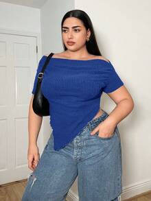 SHEIN Essnce 大码女装春夏秋季时尚休闲舒适露肩短袖T恤，秋季红色上衣，可爱上衣，新年圣诞节T恤，短袖上衣蓝色上衣 - 寶藍色 - 查看 1