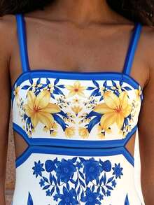 CAJUNI Đầm dài nữ đi nghỉ mát, in họa tiết hoa nhiều màu sắc, khoét eo, hở lưng, buộc dây. - Nhiều màu - Xem 3