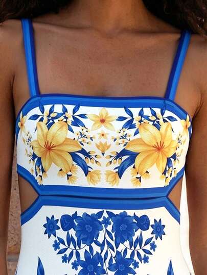 CAJUNI Women's Vacation Colorful Floral Print Waist Cutout Backless Tie Long Dress