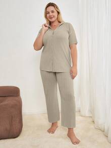 EURMUSE Plus Button Down Shirt Style 2 Piece Pajamas Set - Mocha Brown - View 4