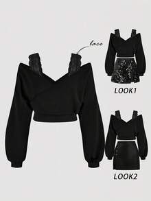 SHEIN MOD Plus Size Women's Solid Color Contrast Lace Off-Shoulder Long Sleeve Sweatshirt - Black - View 6