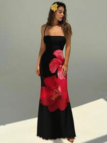 Aloruh Đầm maxi cổ yếm hở lưng, kiểu dáng giản dị, gợi cảm màu đen và đỏ, thích hợp cho kỳ nghỉ xuân/hè. - Nhiều màu - Xem 4