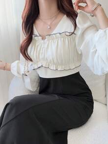 FRIFUL Women's Color Block Ruffle Trim Cinched Waist Flared Hem Fitted Casual Dress Sundress - Black - View 3