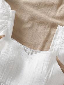 少女短袖A字纹理衬衫，荷叶边袖口上衣，适合度假、旅行、休闲外出、春夏穿着 - 白色 - 查看 7