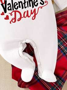 1 Pack Newborn Baby Pajamas, Heart & Letter Print Knitted Envelope Collar Long Sleeve Footie Sleepwear, Suitable For Everyday Wear And Lounging, All Season - White - View 5