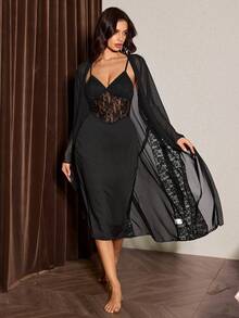 2pcs Mature & Sexy Hollow Out Slip Dress & Robe Sleepwear Set For Women Sexy 2piece Nightgown Robe Lingerie Set Lace Sleepwear Lingerie Sleepwear - Black - View 4