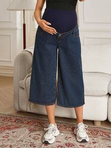 SHEIN Fashionable Casual Maternity Wide Leg 3/4 Length Jeans, Navy Blue - Navy Blue - View 4