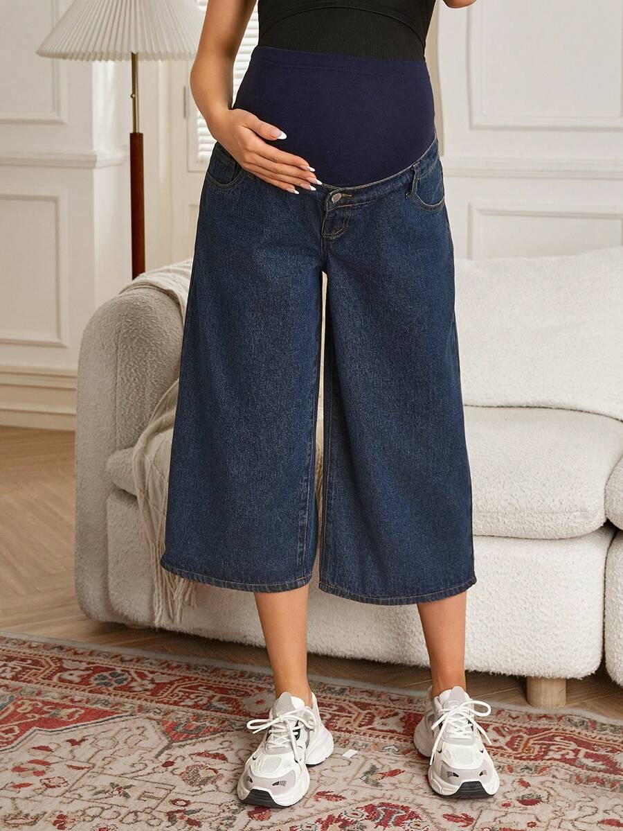 GentleRue Maternity Fashionable Casual Maternity Wide Leg 3/4 Length Jeans, Navy Blue - Navy Blue - View 1