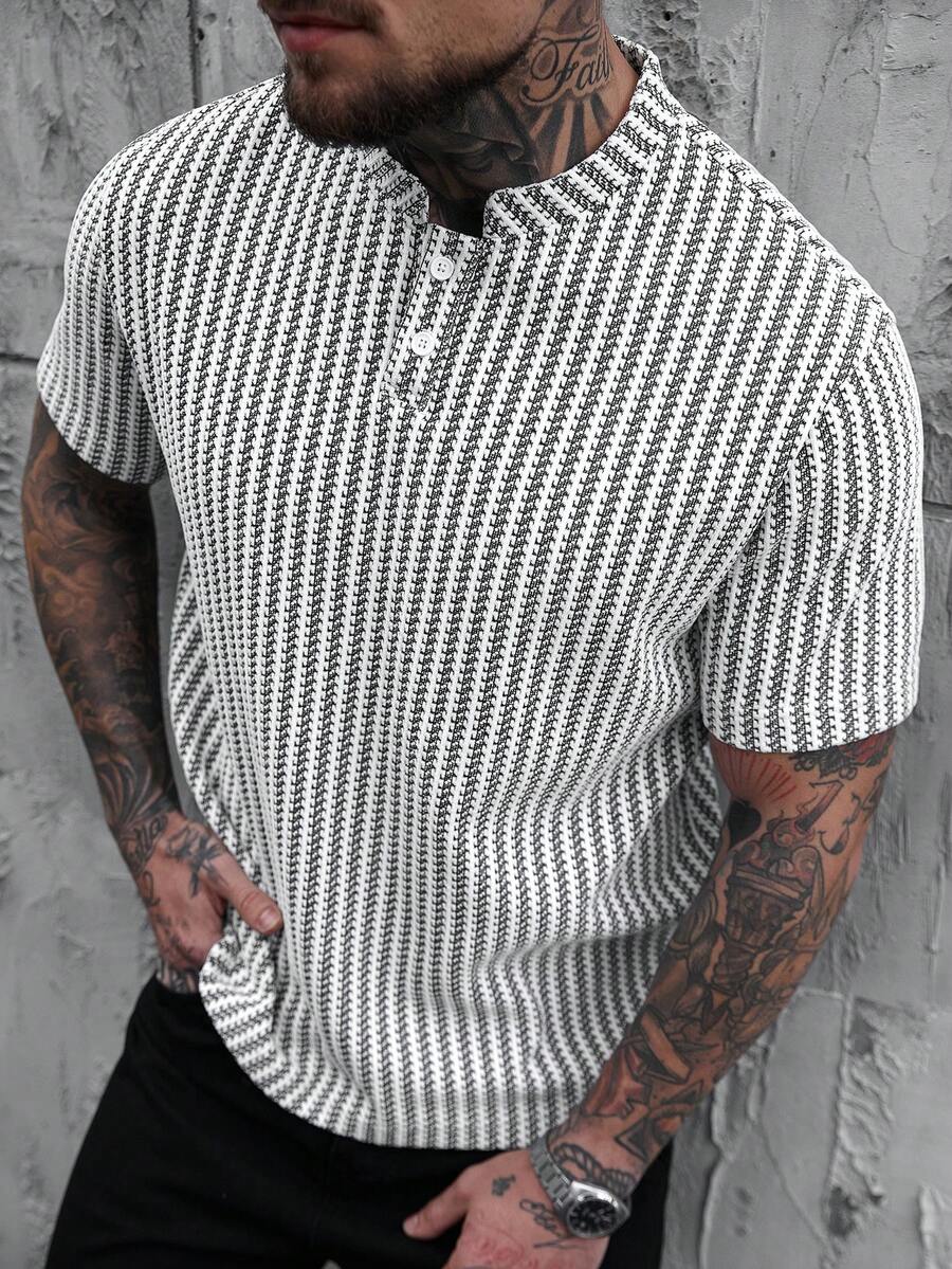 SLATEMANN Men's Casual Striped Quarter Button Short Sleeve Polo Shirt, Summer Mens Knit Shirt Men Buttoned Knitted Polo - Black and White - View 1
