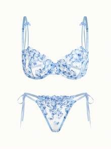 Bonmuse 2pcs Women Cool Light Blue Flower Embroidered Mesh Sheer Lace-Up Lingerie Set, Intimate Apparel For Valentine's Day, Kawaii Ultrathin Bra