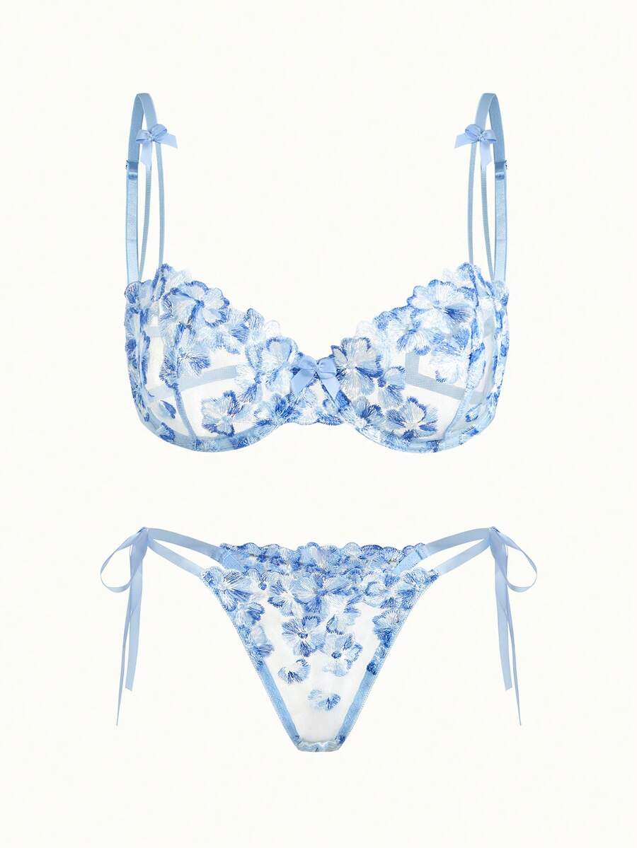 Bonmuse 2pcs Women Cool Light Blue Flower Embroidered Mesh Sheer Lace-Up Lingerie Set, Intimate Apparel For Valentine's Day, Kawaii Ultrathin Bra