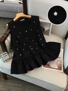 GlowEve CURVE 大码女式珍珠装饰优雅吊带背心，复古奢华优雅度假及办公服饰 - 黑色 - 查看 1