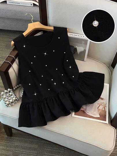 GlowEve CURVE Plus Size Women Pearl Decor Elegant Camisole Top, Vintage Luxury Elegant Vacation & Office Wear Peplum Top With Pearls Black Top With Pearls Sleeveless Top With Pearls Pearl Embellished Top Ruffle Hem Top
