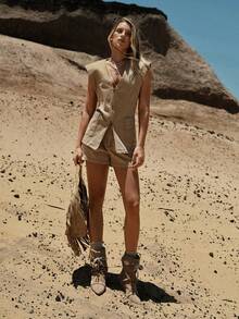 MOTF STUDIO WOMEN'S CASUAL VACATION STYLE EVERYDAY COMMUTE PATCHWORK POCKET DENIM SHORTS, SUMMER - Khaki - View 1