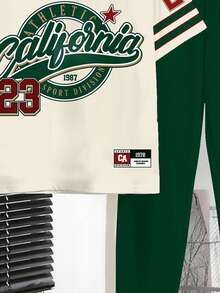 青少年男童新款休闲简约Y2K风格英文字母数字23运动复古美式拼接舒适圆领短袖T恤和裤子套装，适合春夏穿着 - 彩色 - 查看 5