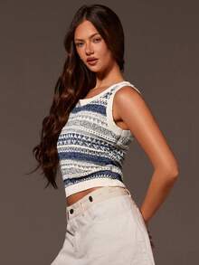 Athîral Women's Casual Off-Shoulder Striped Knit Tank Top, Blue & Apricot, Spring/Summer - Multicolor - View 5