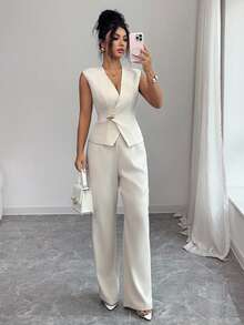 Elenzga Women's 2026 Spring/Summer New Elegant Minimalist Office Short Sleeve Suit Set - Apricot - View 5