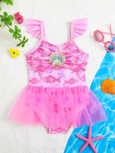 Young Girl Summer Vacation Beach Fish Print Ruffle Mesh One-Piece Swimsuit