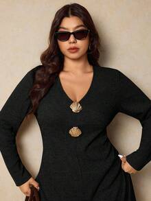 Elaquor Đầm dáng suông cổ chữ V dáng rộng, thoải mái, dành cho nữ, cỡ lớn, mùa hè. - màu đen - Xem 6