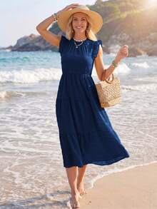 Sylviya Frill Trim Belted Ruffle Hem Dress,Vacation - Navy Blue - View 5