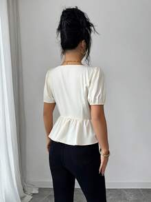 Elenzga Ladies Square Neck Cheongsam Button Short Sleeve Elegant Summer Shirts - Apricot - View 2