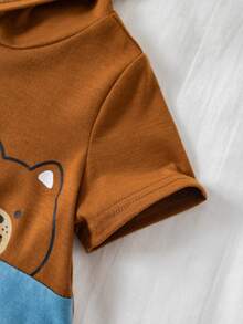SHEIN Baju Terusan Bayi Unisex Baru Lahir Laki-laki/Perempuan Motif Hewan Lucu dengan Warna Kontras, Pakaian Bayi Musim Semi/Panas, Set Pakaian Bayi - Coklat - View 7