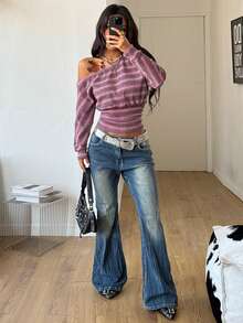 Coolane 女士秋冬Y2K休闲日常条纹弹力长袖露肩T恤 - 紫色 - 查看 5