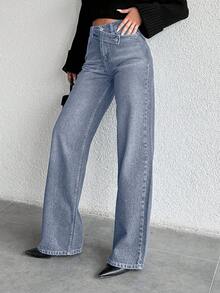 SHEIN Cottnline Casual Commuter High Waist Straight-Leg Washed Jeans - Light Wash - View 6
