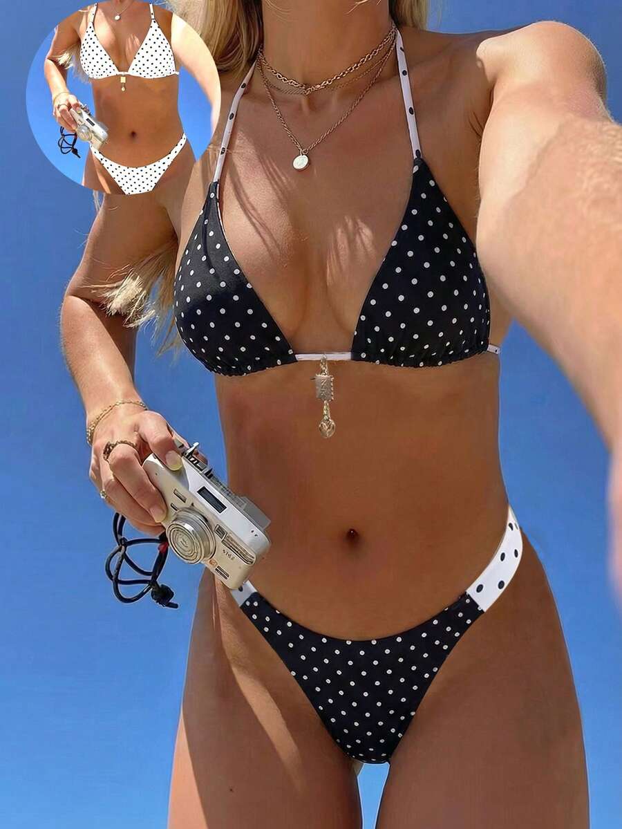 Swim Mod 女士夏季新款海滨度假时尚甜美可爱撞色波点印花双面露背系带性感比基尼套装 - 黑與白 - 查看 1