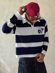 STEELVANCE Áo polo dài tay nam kẻ sọc in số, kiểu dáng thường ngày/công sở. - Màu xanh hải quân - Xem 4