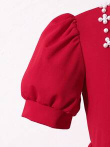 Glamorique Kids Retro Sweet Dark Red Summer Elegant Party Dress, Square Collar Pearl Decor Puff Sleeve A-Line Junior Bridesmaids Dress For Tween Girl - Burgundy - View 7