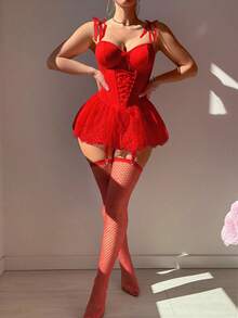 PetitDoll 4pcs Set: Sexy Lace Ribbon Bow Camisole Tutu Skirt & Fishnet Stockings