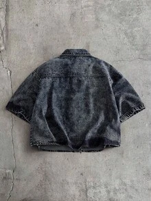 AXEPEAK Camisa vaquera de manga corta con estampado gráfico, de corte holgado y de una sola hilera de botones para hombre - Negro - Ver 2