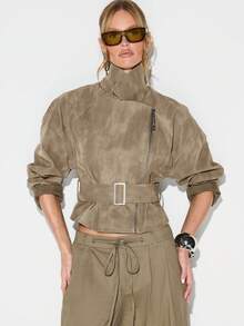KIZN Cropped Suedette Biker Jacket With Belted Waist And High Neck Zipper Detail For Fall Winter - Brown - View 1