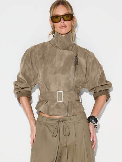 KIZN Cropped Suedette Biker Jacket With Belted Waist And High Neck Zipper Detail For Fall Winter