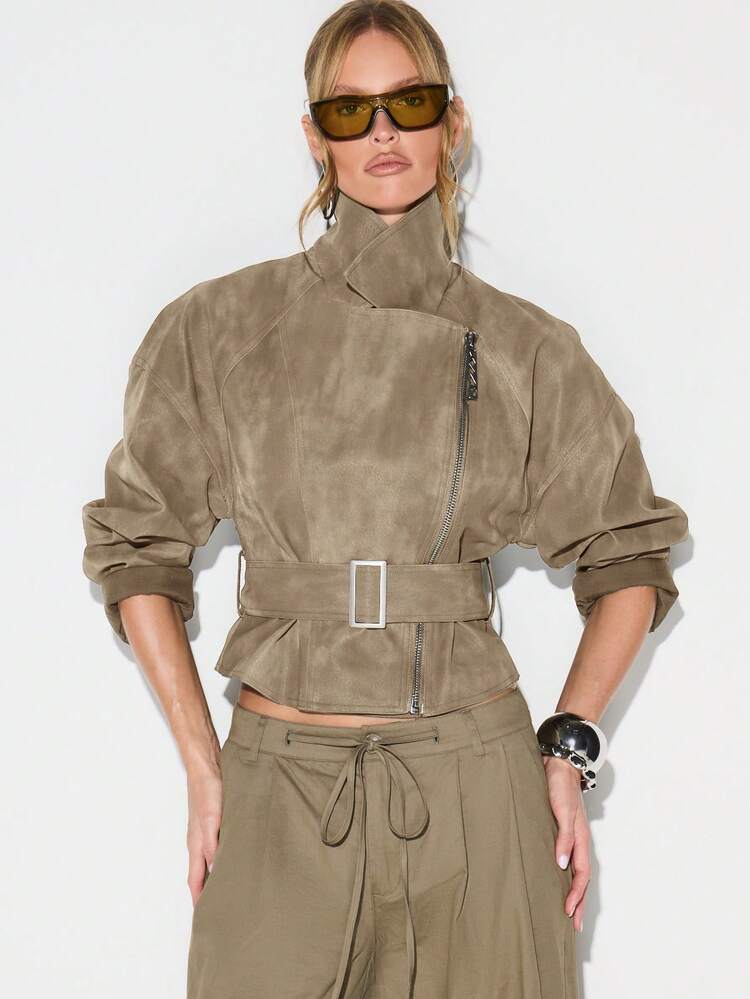 KIZN Cropped Suedette Biker Jacket With Belt