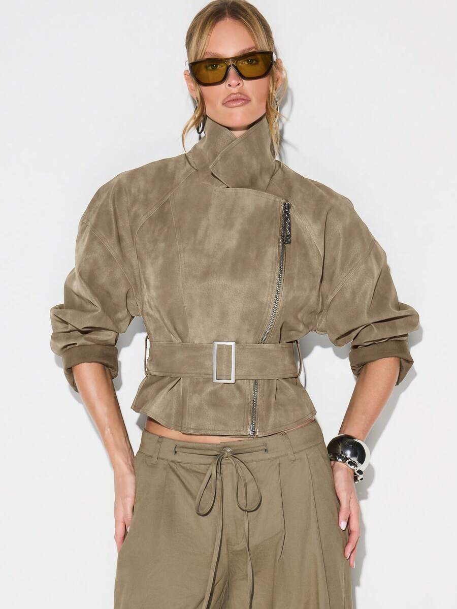 KIZN Cropped Suedette Biker Jacket With Belted Waist And High Neck Zipper Detail For Fall Winter - Brown - View 1