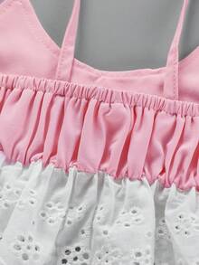 SHEIN 女童夏季休闲蝴蝶装饰镂空刺绣荷叶边吊带背心和裤子两件套