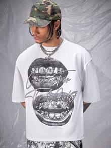 AXEPEAK Herren Locker geschnittenes gestricktes T-Shirt mit Wasser-Muster Lippen Muster, kurzärmlig, Sommer, inspiriert vom Streetwear-Stil - Weiss - Übersicht 4