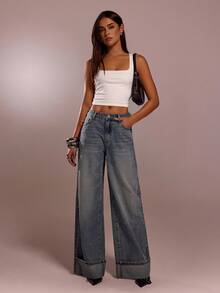 Quần jeans ống rộng màu xanh xám cạp thấp đa năng, phong cách thường ngày, phù hợp với mọi phong cách, mùa hè mới - Rửa trung bình - Xem 6