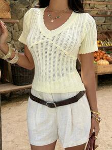 Sunnyshic 简约可爱女士浅黄色短袖宽松V领镂空针织毛衣 - 淡黃色 - 查看 4