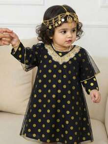 SHEIN Babygirl Elegant Luxurious Black Mesh Polka Dot Long Sleeve Dress With Long Coat Set