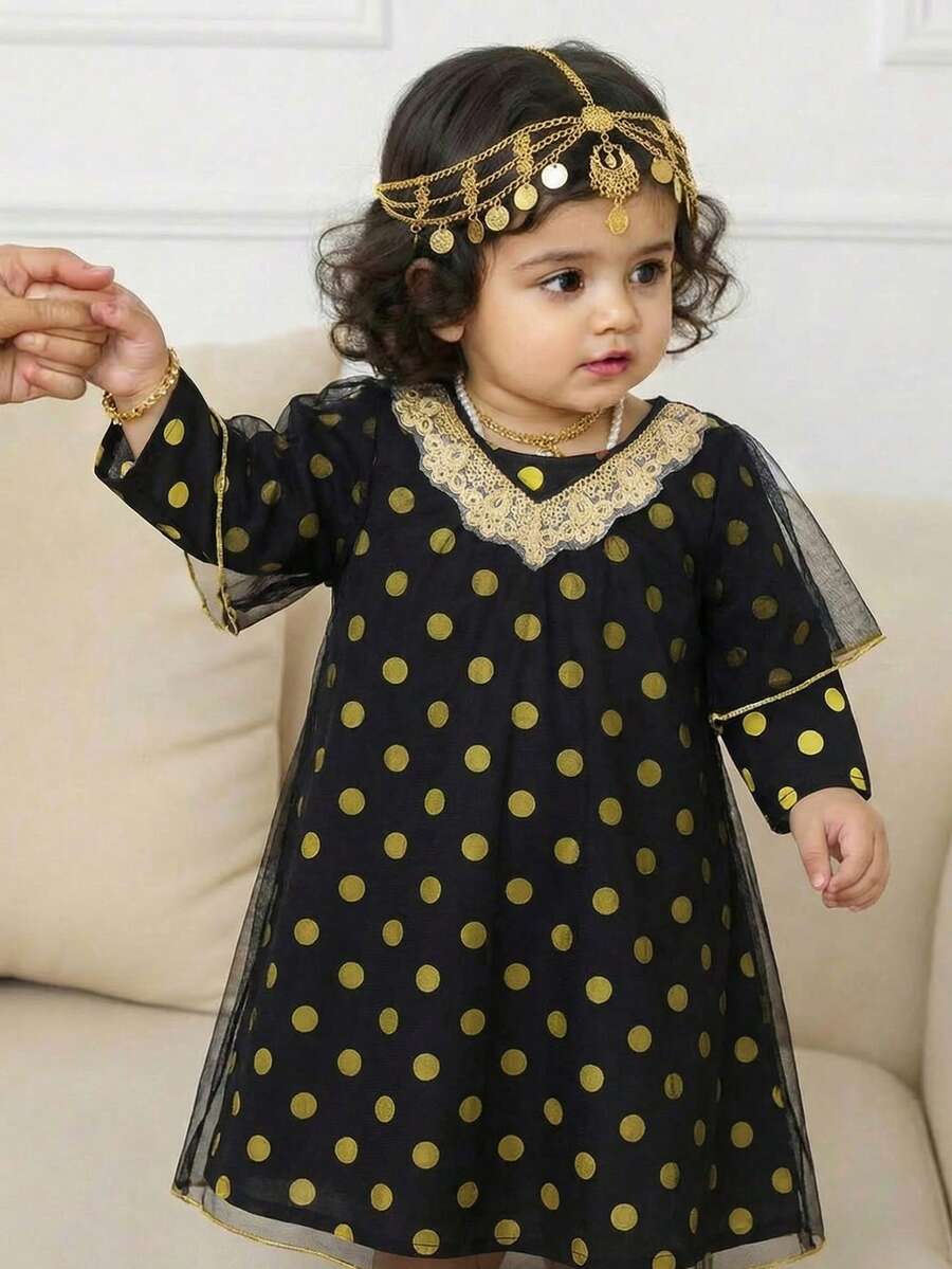 SHEIN Babygirl Elegant Luxurious Black Mesh Polka Dot Long Sleeve Dress With Long Coat Set